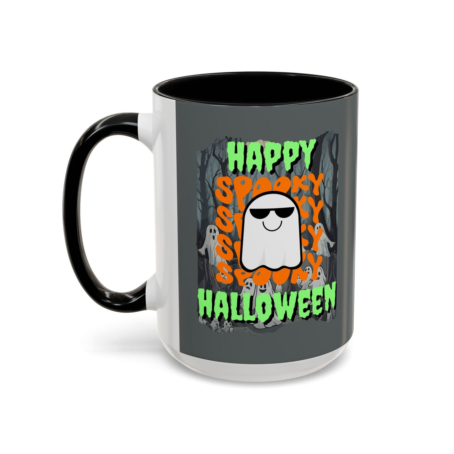 Spooky Happy Halloween Ghost Green font Grey Accent Mug by CreepyCrafts.boo