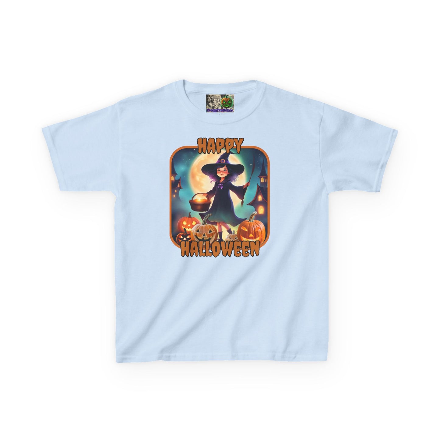 Happy Halloween Little Witch Orange font Kids Heavy Cotton™ Tee by CreepyCrafts.boo