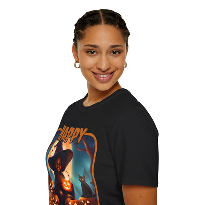 Happy Halloween Cute Witch Orange font, Dark colors, Unisex T-Shirt by CreepyCrafts.boo