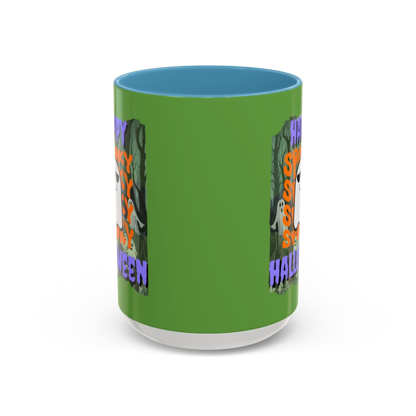 Spooky Happy Halloween Ghost Purple font Green Accent Mug by CreepyCrafts.boo