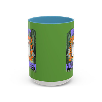 Spooky Happy Halloween Ghost Purple font Green Accent Mug by CreepyCrafts.boo