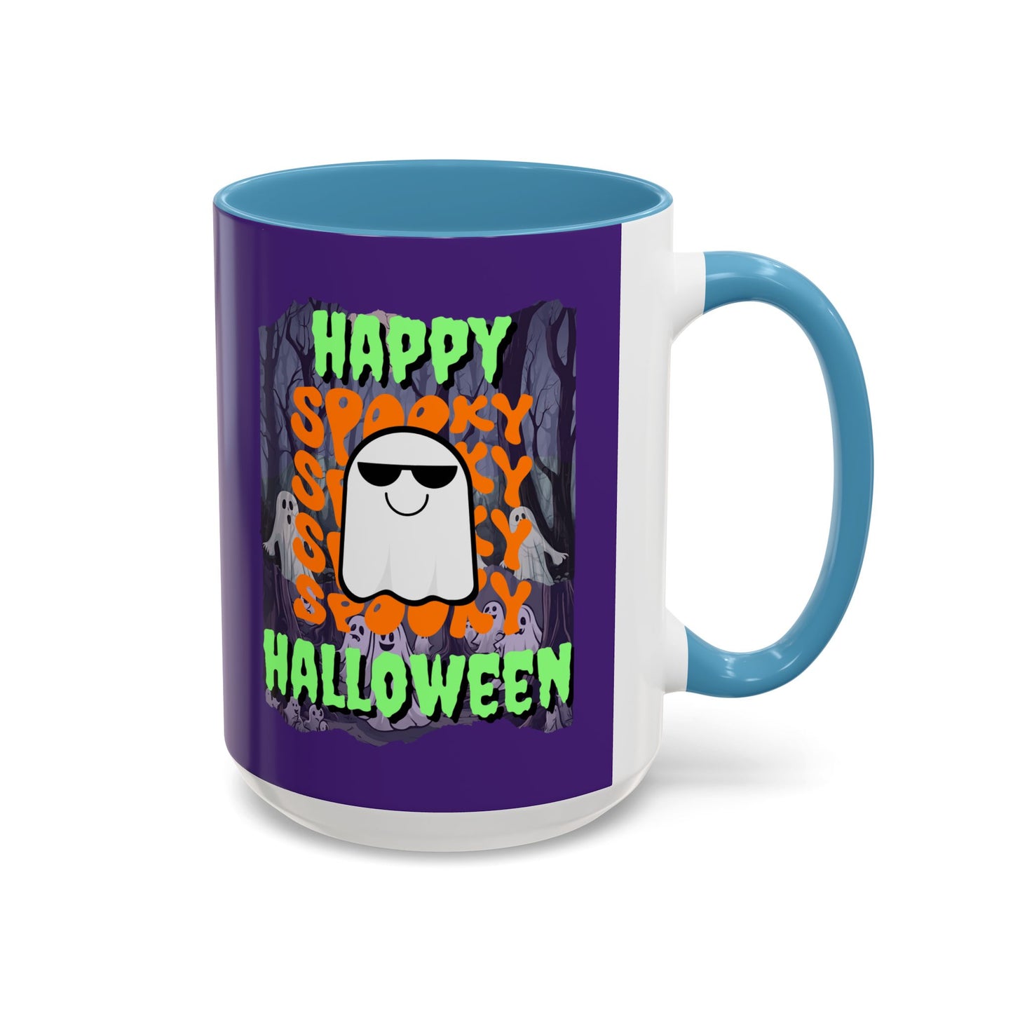 Spooky Happy Halloween Ghost Green font Purple Accent Mug by CreepyCrafts.boo
