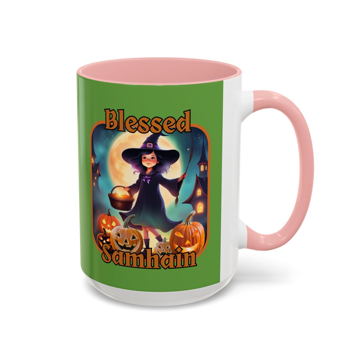 Blessed Samhain Little Witch Orange font Green Accent Mug by CreepyCrafts.boo