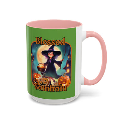Blessed Samhain Little Witch Orange font Green Accent Mug by CreepyCrafts.boo