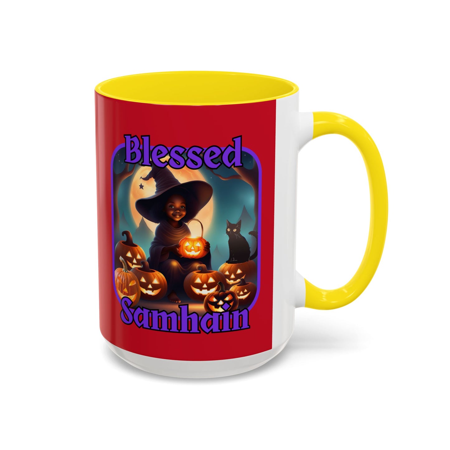 Blessed Samhain Cute Witch Purple font Red Accent Mug by CreepyCrafts.boo