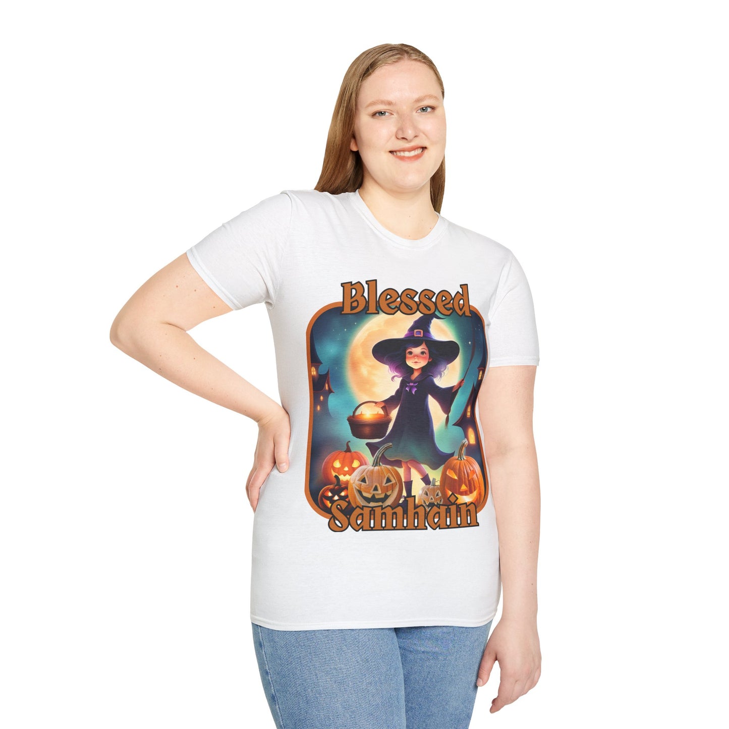 Blessed Samhain Little Witch Orange font Light colors Unisex T-Shirt by CreepyCrafts.boo