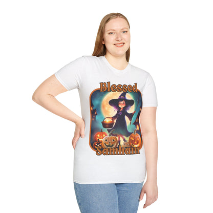 Blessed Samhain Little Witch Orange font Light colors Unisex T-Shirt by CreepyCrafts.boo
