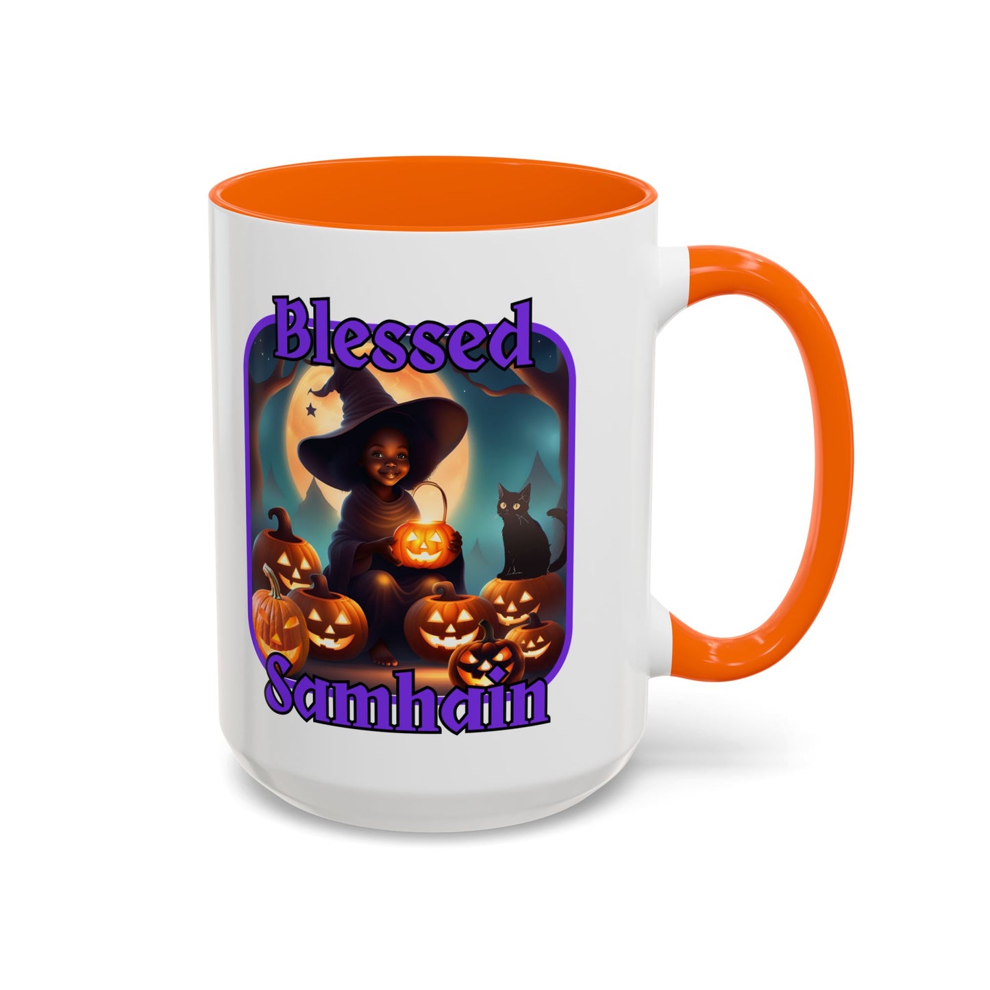 Blessed Samhain Cute Witch Purple font White Accent Mug by CreepyCrafts.boo