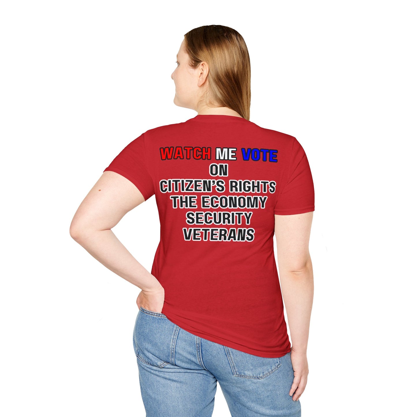 2-sided I Am Woman Watch Me Vote LTcolors Rosie Unisex T-Shirt by cypherpunkgear