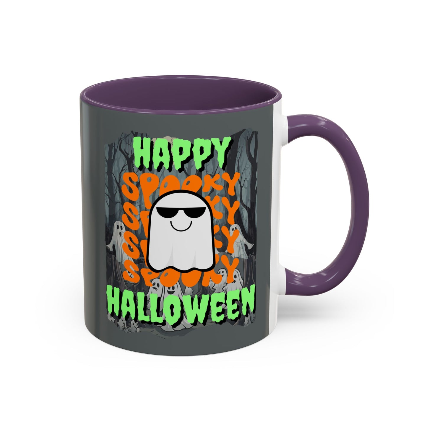 Spooky Happy Halloween Ghost Green font Grey Accent Mug by CreepyCrafts.boo