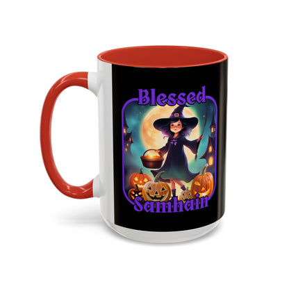 Blessed Samhain Little Witch Purple font Black Accent Mug by CreepyCrafts.boo