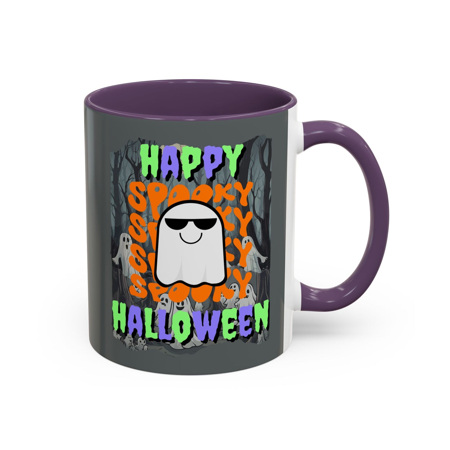 Spooky Happy Halloween Ghost Mixed font Grey Accent Mug by CreepyCrafts.boo