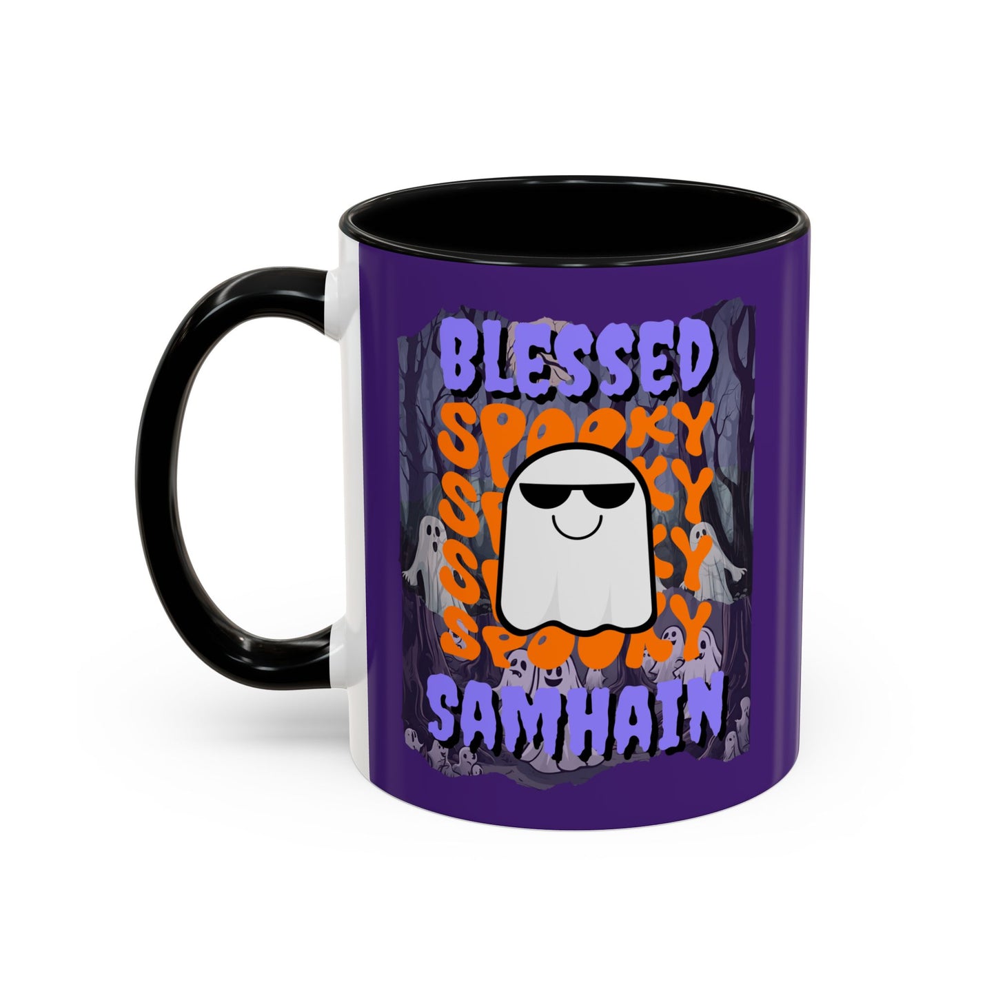 Spooky Blessed Samhain Ghost Purple font Accent Mug by CreepyCrafts.boo