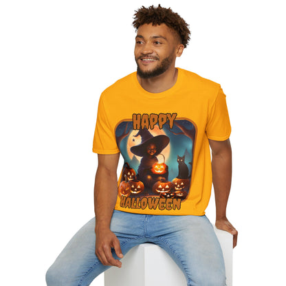 Happy Halloween Cute Witch Orange font, Light colors, Unisex T-Shirt by CreepyCrafts.boo