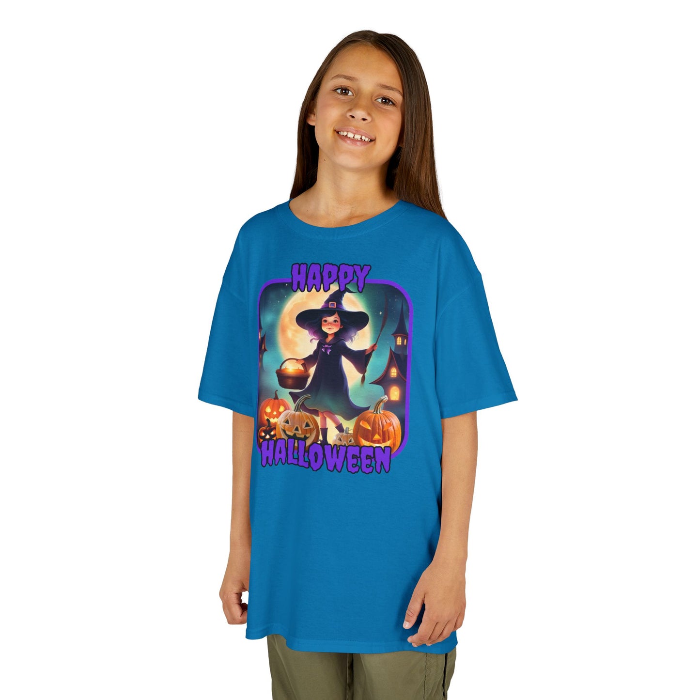 Happy Halloween Little Witch Purple font Kids Heavy Cotton™ Tee by CreepyCrafts.boo