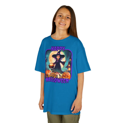 Happy Halloween Little Witch Purple font Kids Heavy Cotton™ Tee by CreepyCrafts.boo