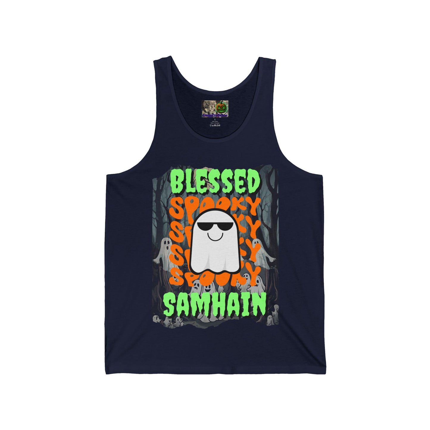 Spooky Blessed Samhain Ghost Green font Unisex Jersey Tank Top by CreepyCrafts.boo