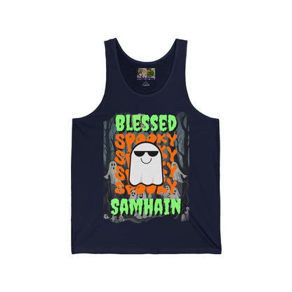 Spooky Blessed Samhain Ghost Green font Unisex Jersey Tank Top by CreepyCrafts.boo