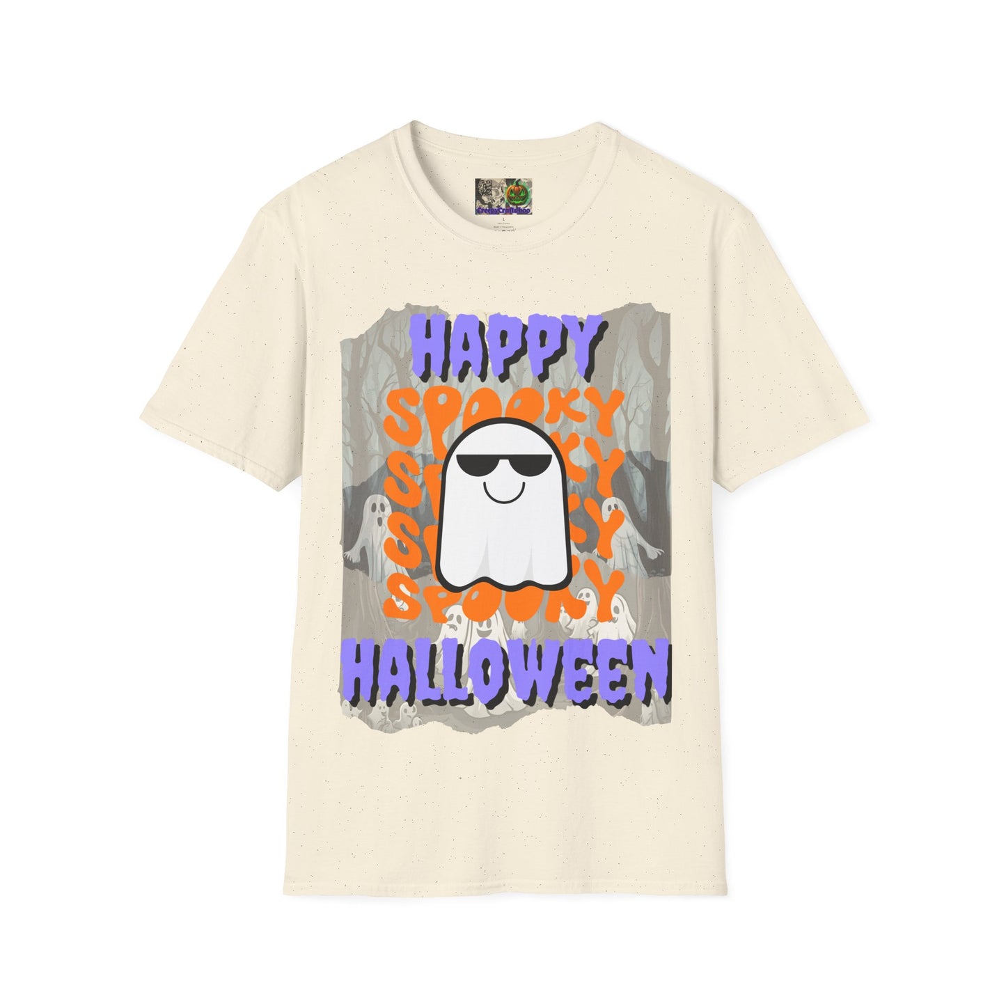 Spooky Happy Halloween Ghost Light colors Purple font Unisex T-Shirt by CreepyCrafts.boo