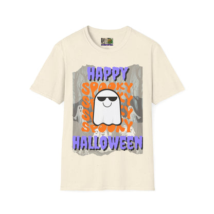 Spooky Happy Halloween Ghost Light colors Purple font Unisex T-Shirt by CreepyCrafts.boo