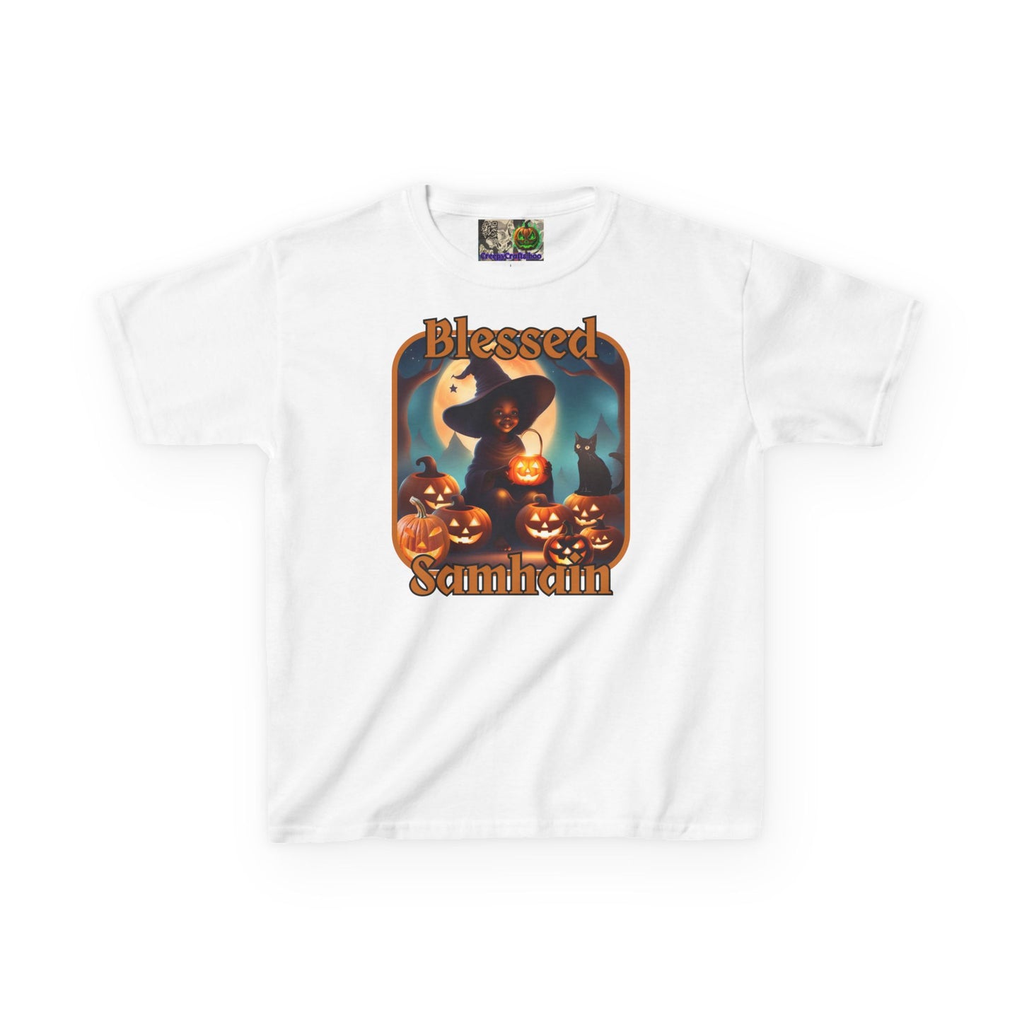 Blessed Samhain Cute Witch Orange font Kids Heavy Cotton™ Tee by CreepyCrafts.boo