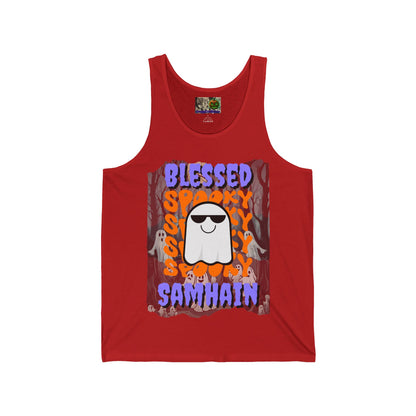 Spooky Blessed Samhain Ghost Purple font Unisex Jersey Tank Top by CreepyCrafts.boo
