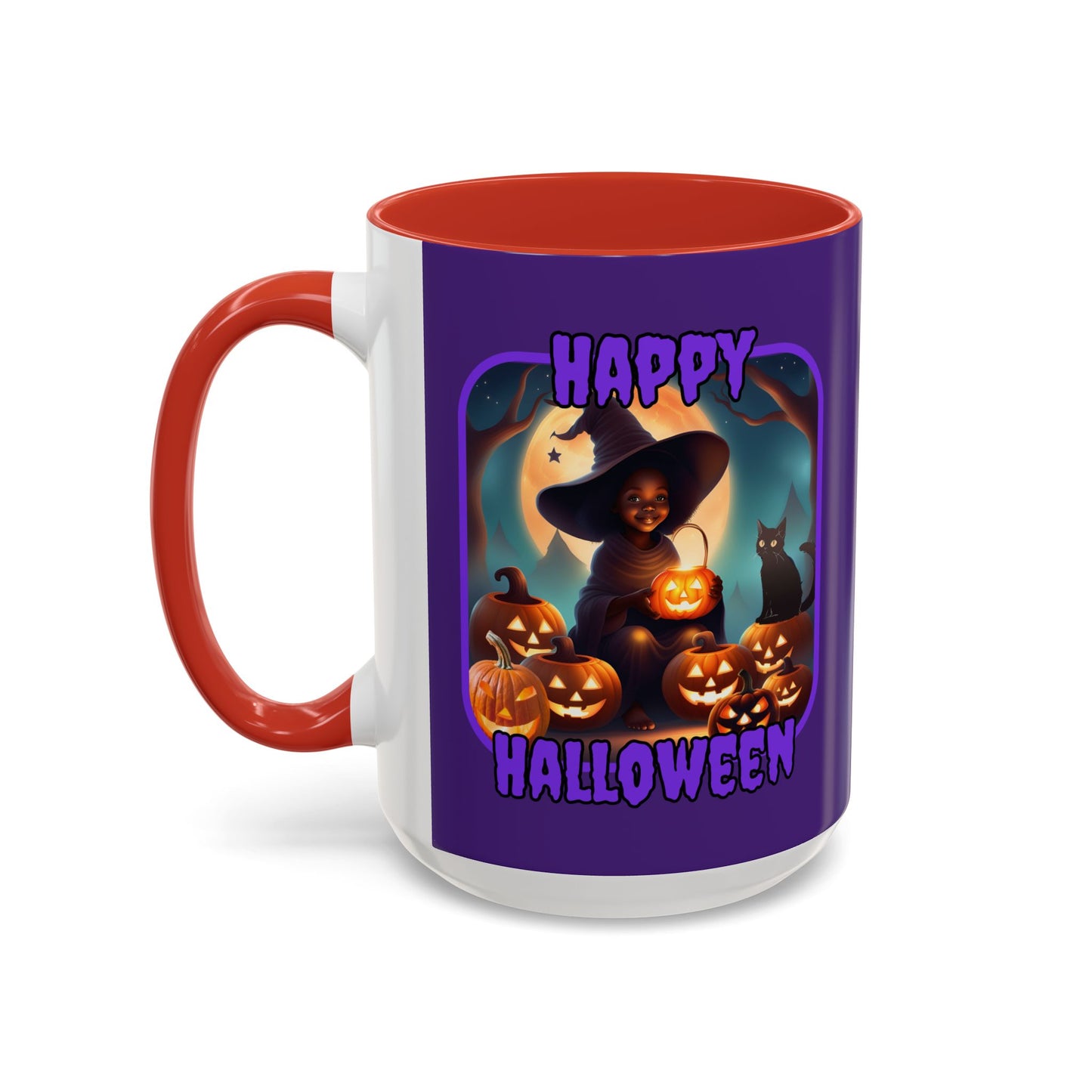 Happy Halloween Cute Witch Purple font Purple Accent Mug by CreepyCrafts.boo