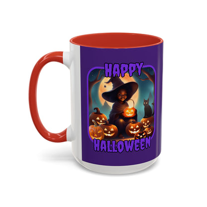 Happy Halloween Cute Witch Purple font Purple Accent Mug by CreepyCrafts.boo