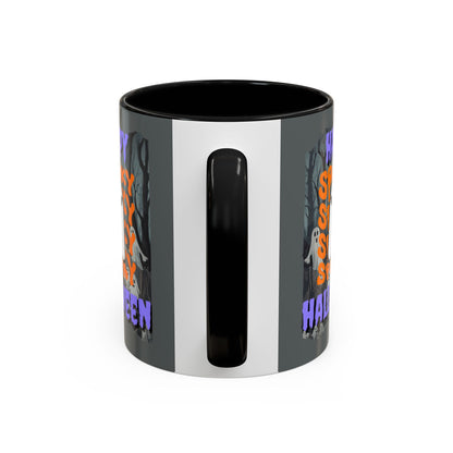 Spooky Happy Halloween Ghost Purple font Grey Accent Mug by CreepyCrafts.boo