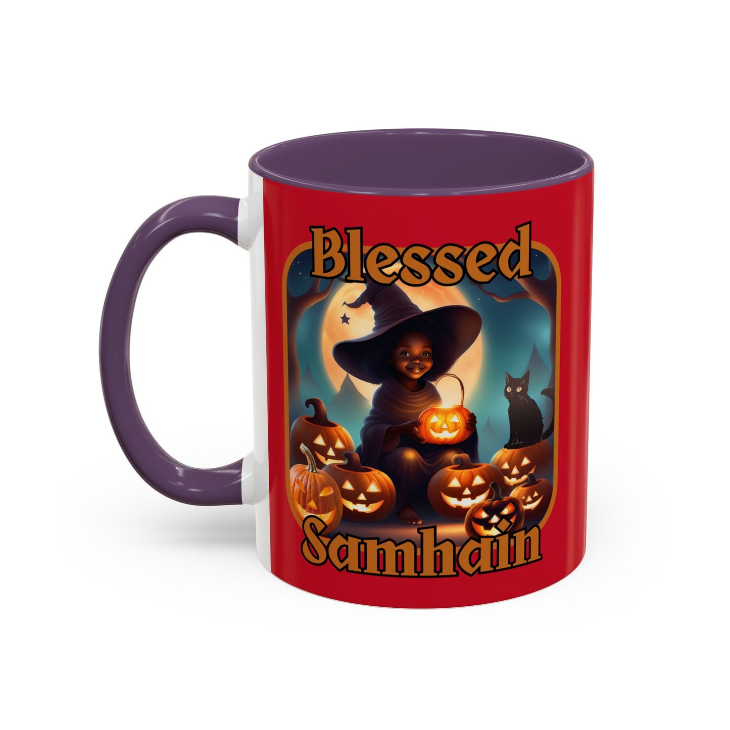 Blessed Samhain Cute Witch Orange font Red Accent Mug by CreepyCrafts.boo