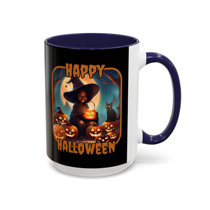 Happy Halloween Cute Witch Orange font Black Accent Mug by CreepyCrafts.boo