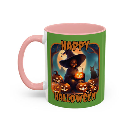 Happy Halloween Cute Witch Orange font Green Accent Mug by CreepyCrafts.boo