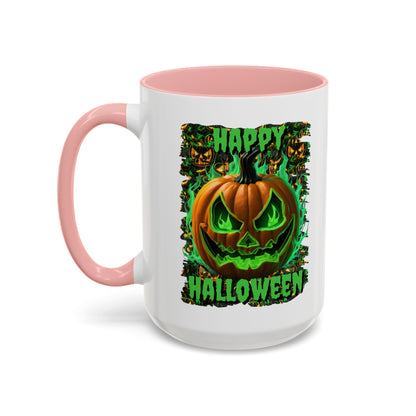 Happy Halloween Green Jack White Accent Mug by CreepyCrafts.boo
