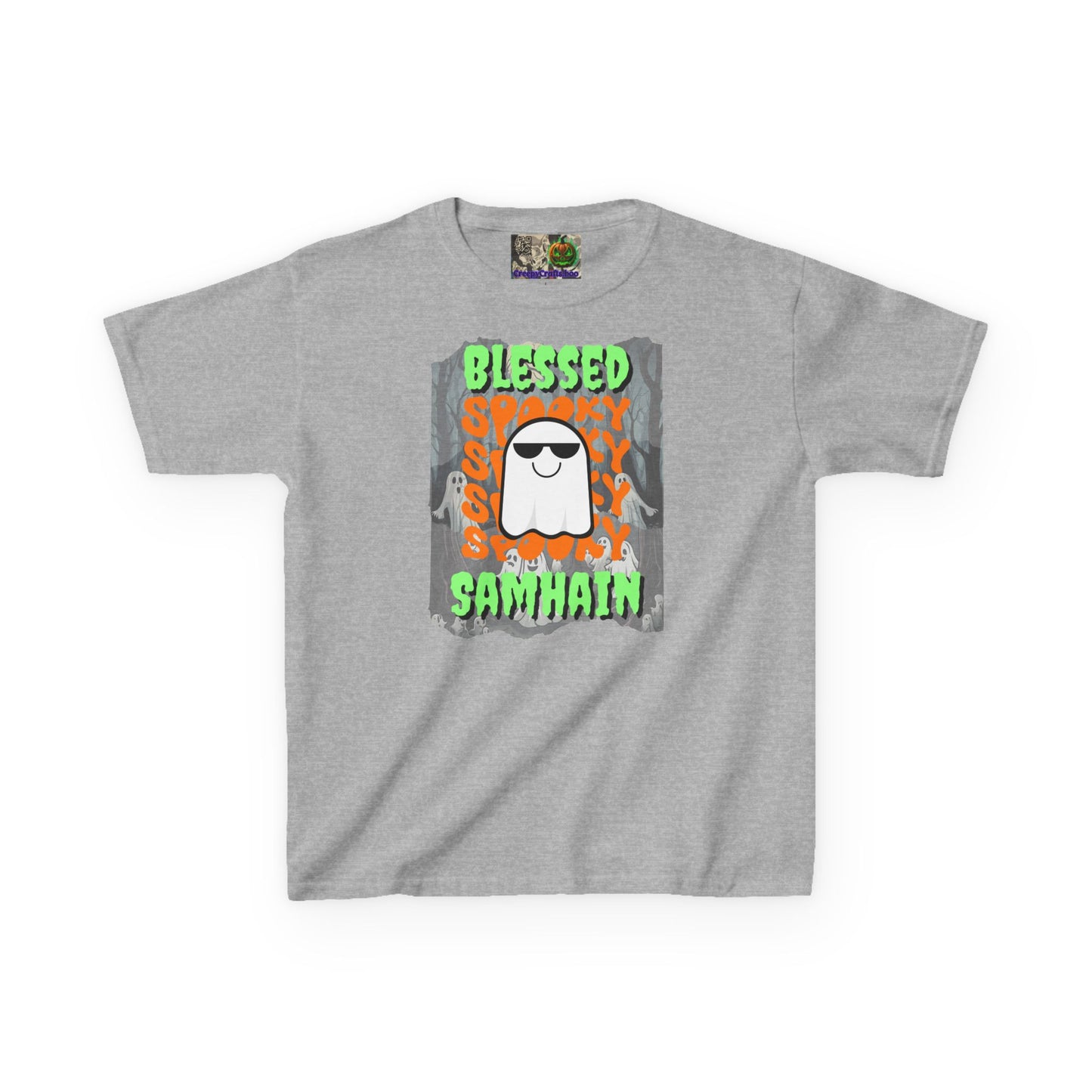 Spooky Blessed Samhain Ghost Green font Kids Heavy Cotton™ Tee by CreepyCrafts.boo