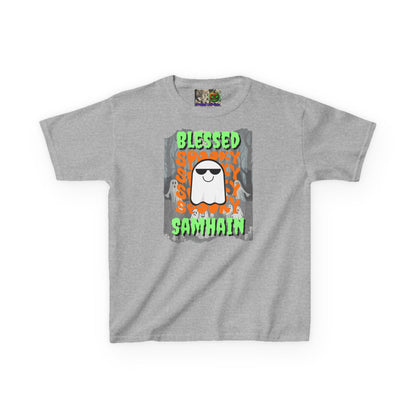 Spooky Blessed Samhain Ghost Green font Kids Heavy Cotton™ Tee by CreepyCrafts.boo