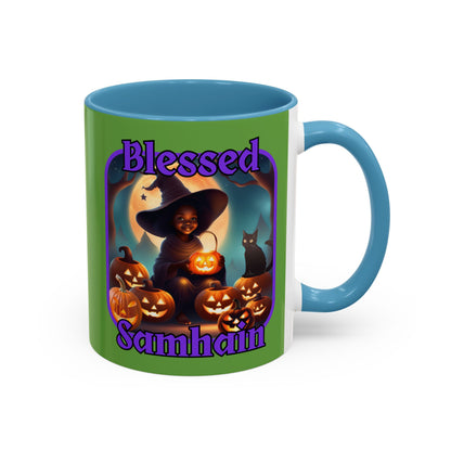Blessed Samhain Cute Witch Purple font Green Accent Mug by CreepyCrafts.boo