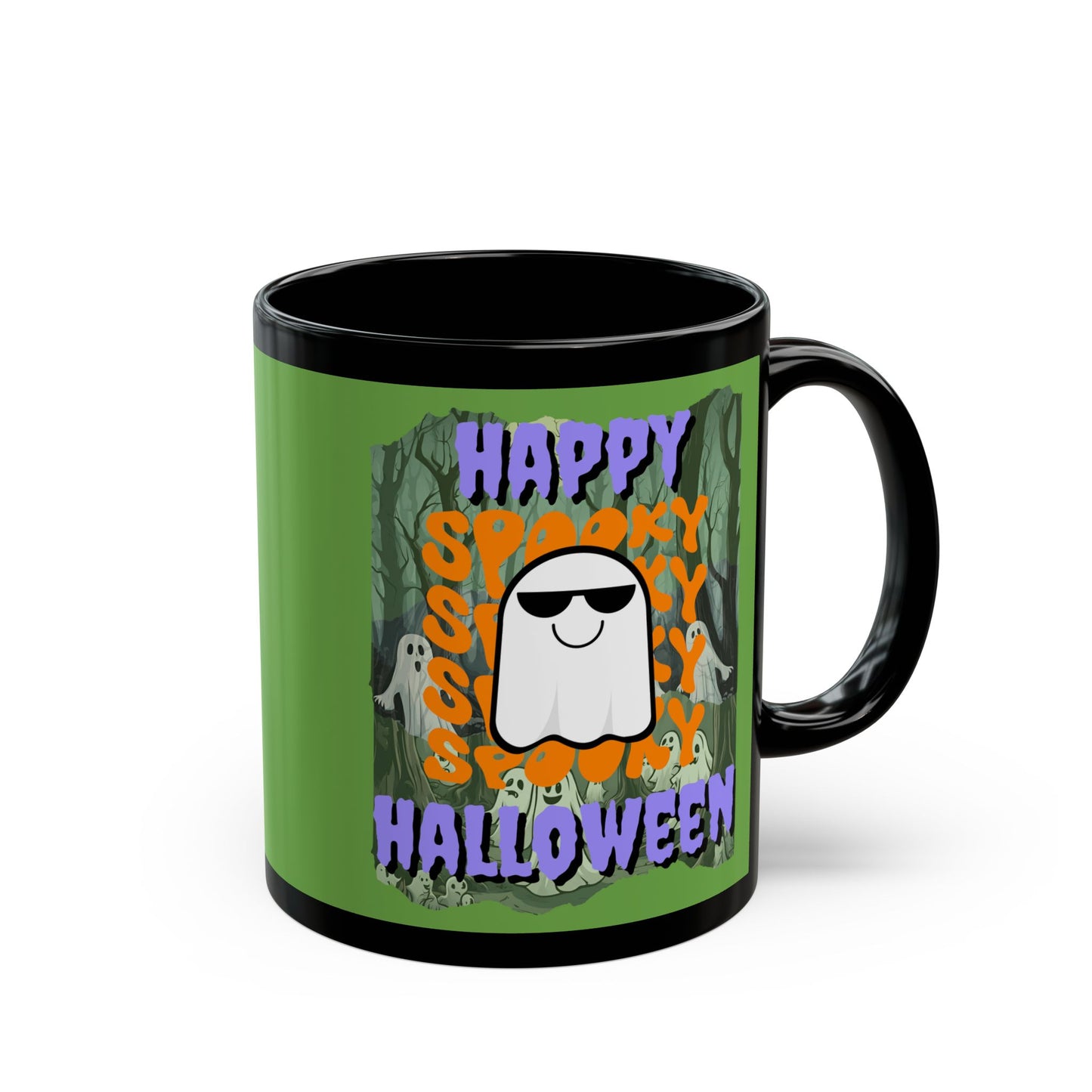 Spooky Happy Halloween Ghost Purple font Green Mug by CreepyCrafts.boo