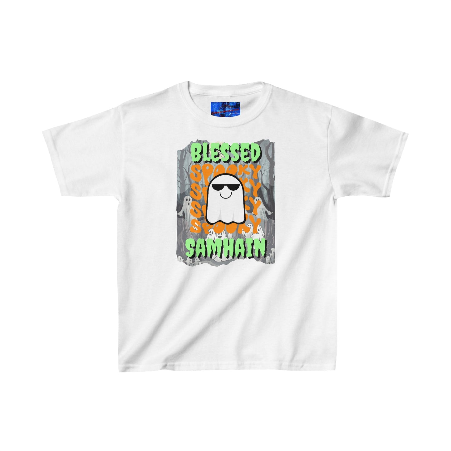 Spooky Blessed Samhain Ghost GNfont Kids Heavy Cotton™ Tee by cypherpunkgear