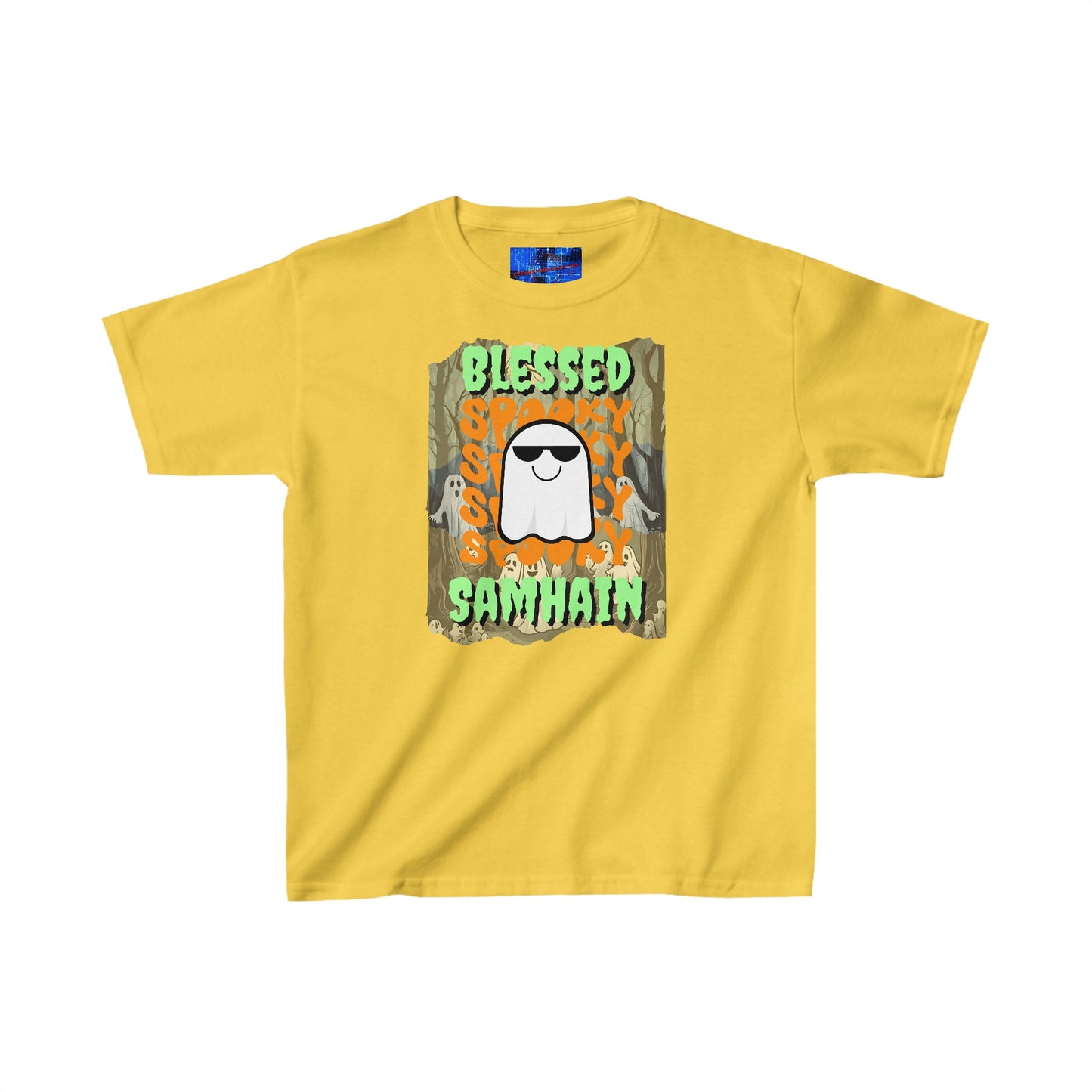 Spooky Blessed Samhain Ghost GNfont Kids Heavy Cotton™ Tee by cypherpunkgear