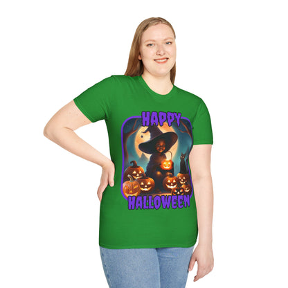 Happy Halloween Cute Witch Purple font Dark colors Unisex T-Shirt by CreepyCrafts.boo