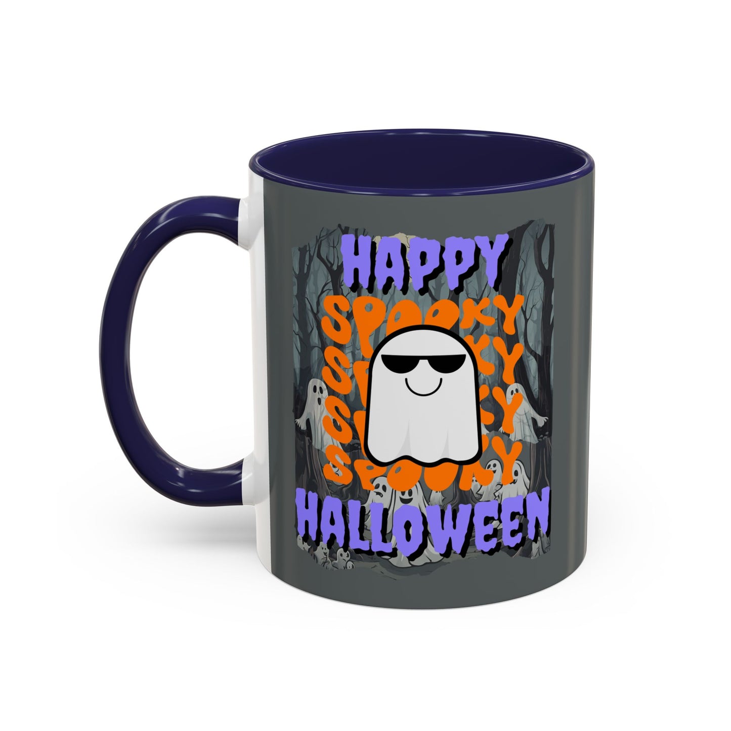 Spooky Happy Halloween Ghost Purple font Grey Accent Mug by CreepyCrafts.boo