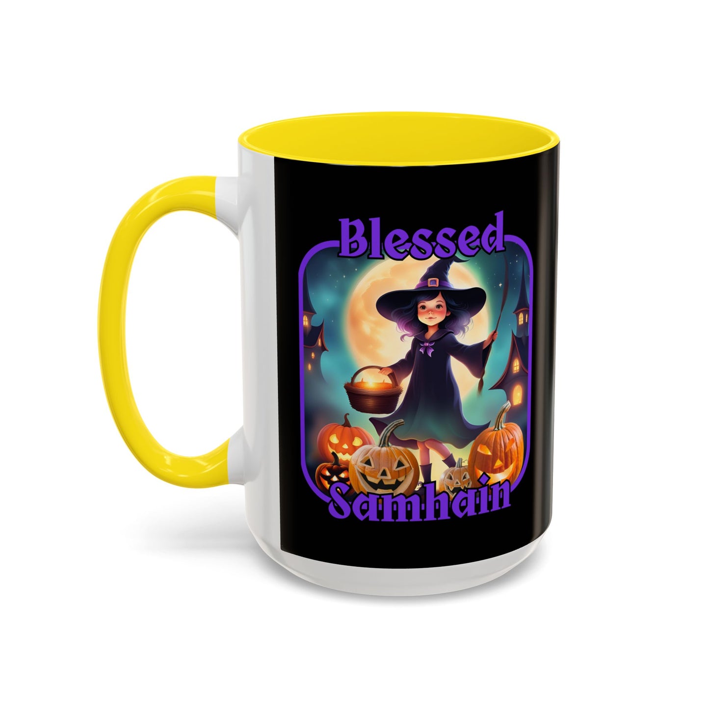 Blessed Samhain Little Witch Purple font Black Accent Mug by CreepyCrafts.boo