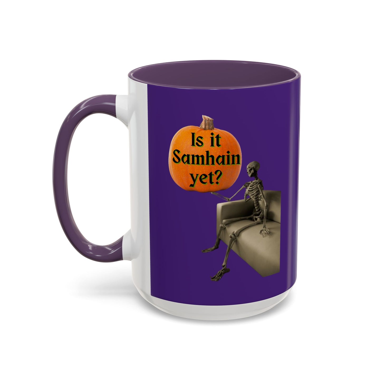 Is it Samhain yet? Skeleton's Pumpkin Purple Accent Mug by CreepyCrafts.boo