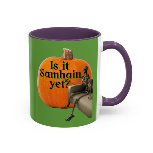 Is It Samhain Yet? Skeleton's Giant Pumpkin Green Accent Mug by CreepyCrafts.boo