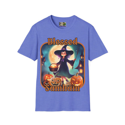 Blessed Samhain Little Witch Orange font Light colors Unisex T-Shirt by CreepyCrafts.boo