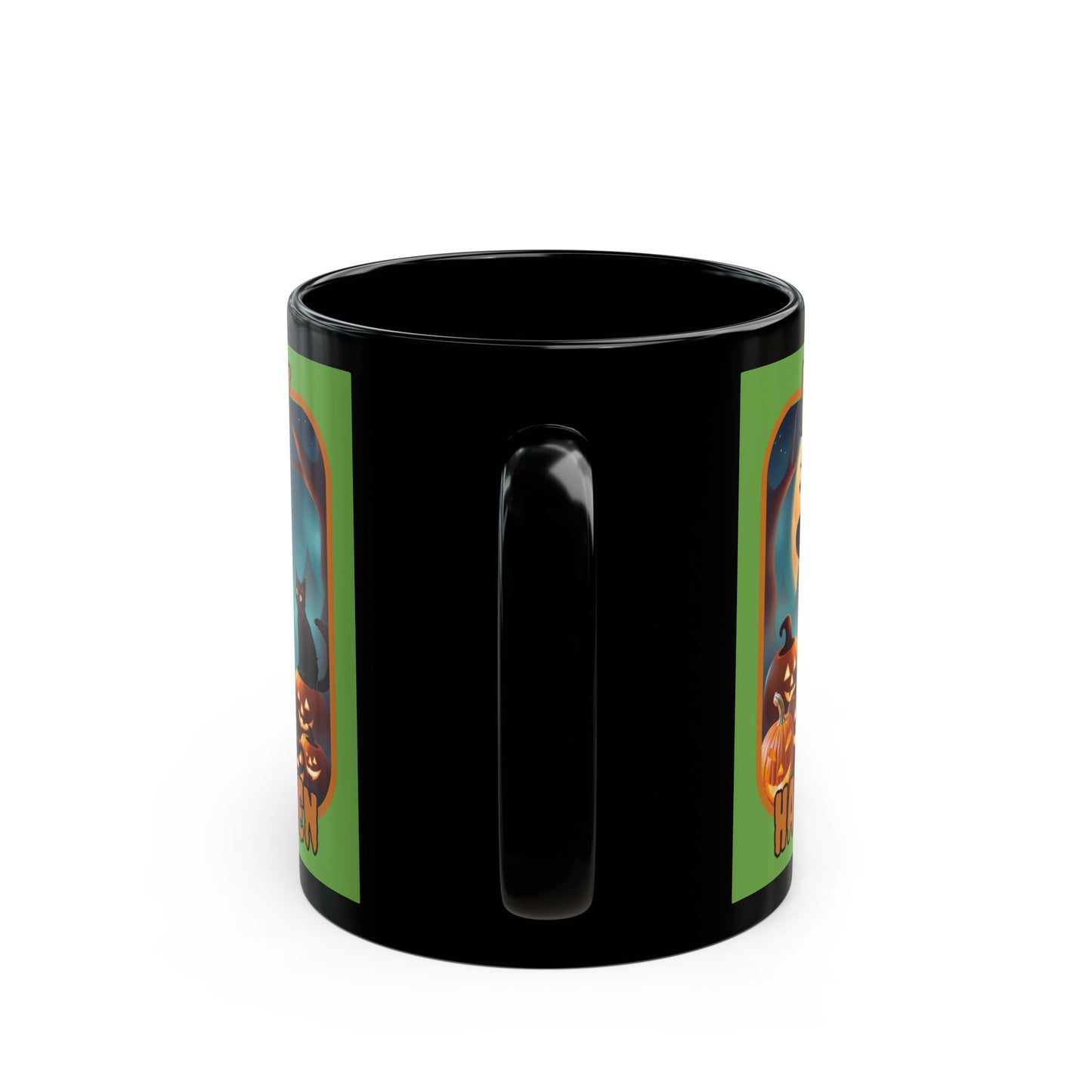Happy Halloween Cute Witch Orange font Green Mug by CreepyCrafts.boo