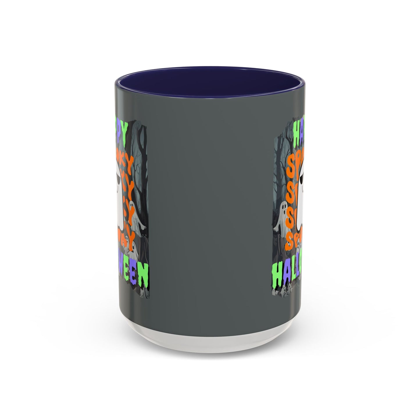 Spooky Happy Halloween Ghost Mixed font Grey Accent Mug by CreepyCrafts.boo