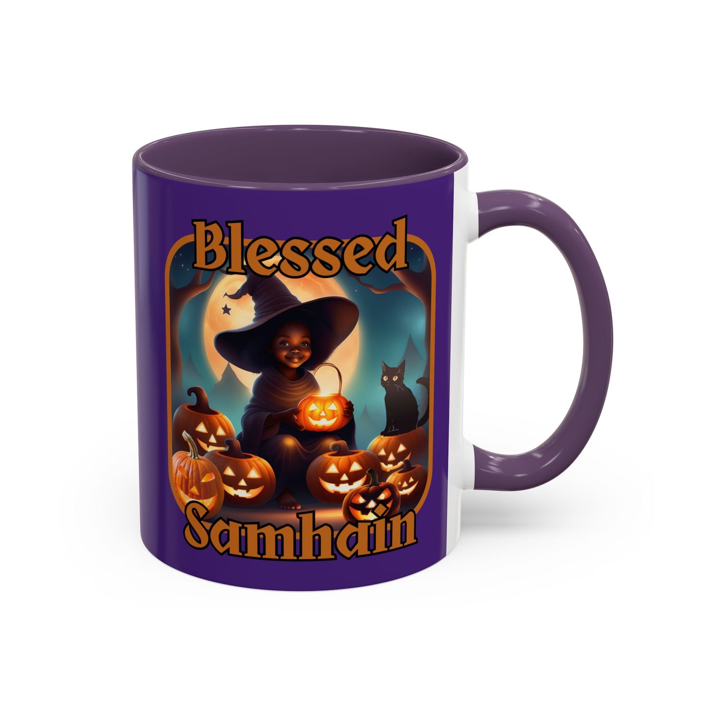 Blessed Samhain Cute Witch Orange font Purple Accent Mug by CreepyCrafts.boo