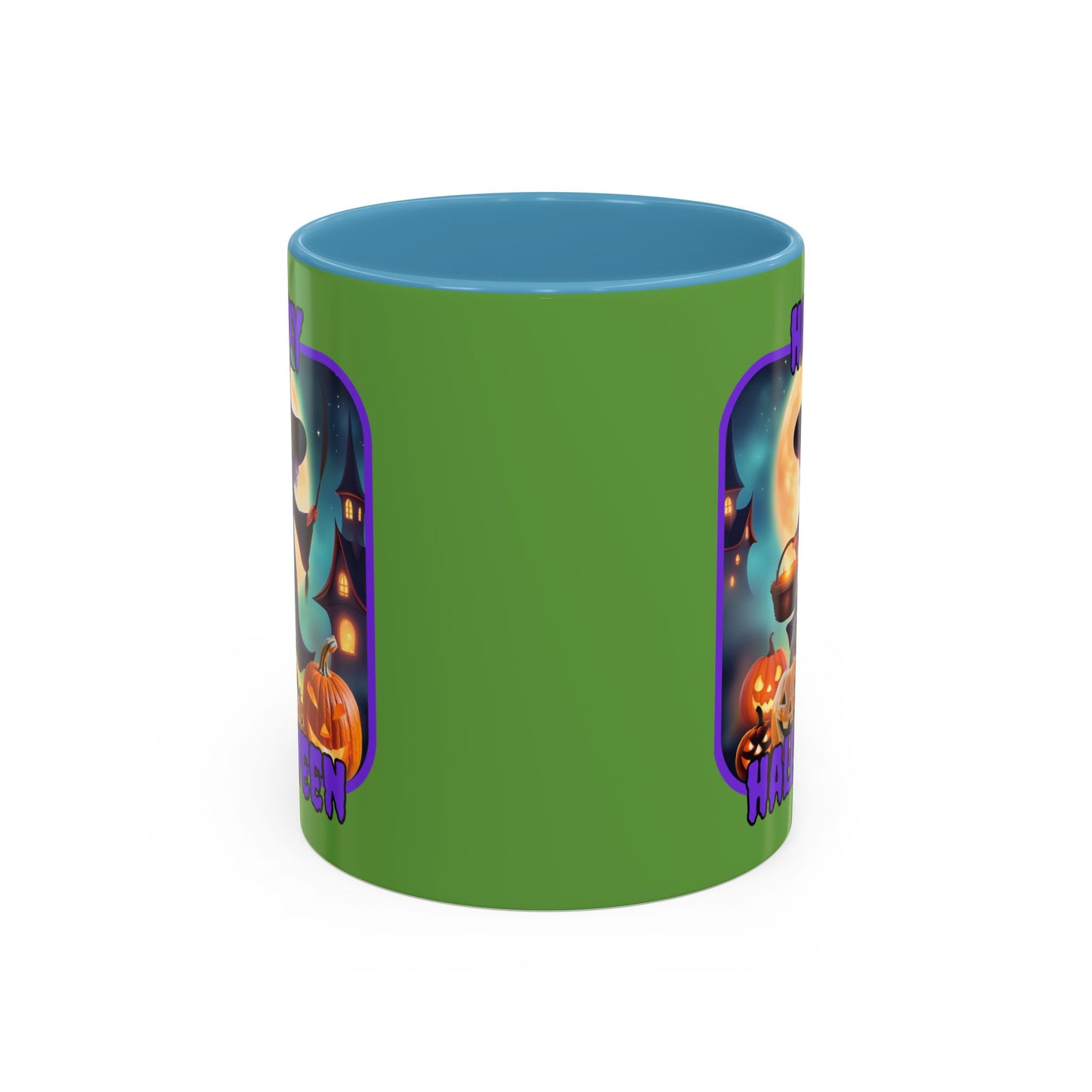 Happy Halloween Little Witch Purple font Green Accent Mug by CreepyCrafts.boo