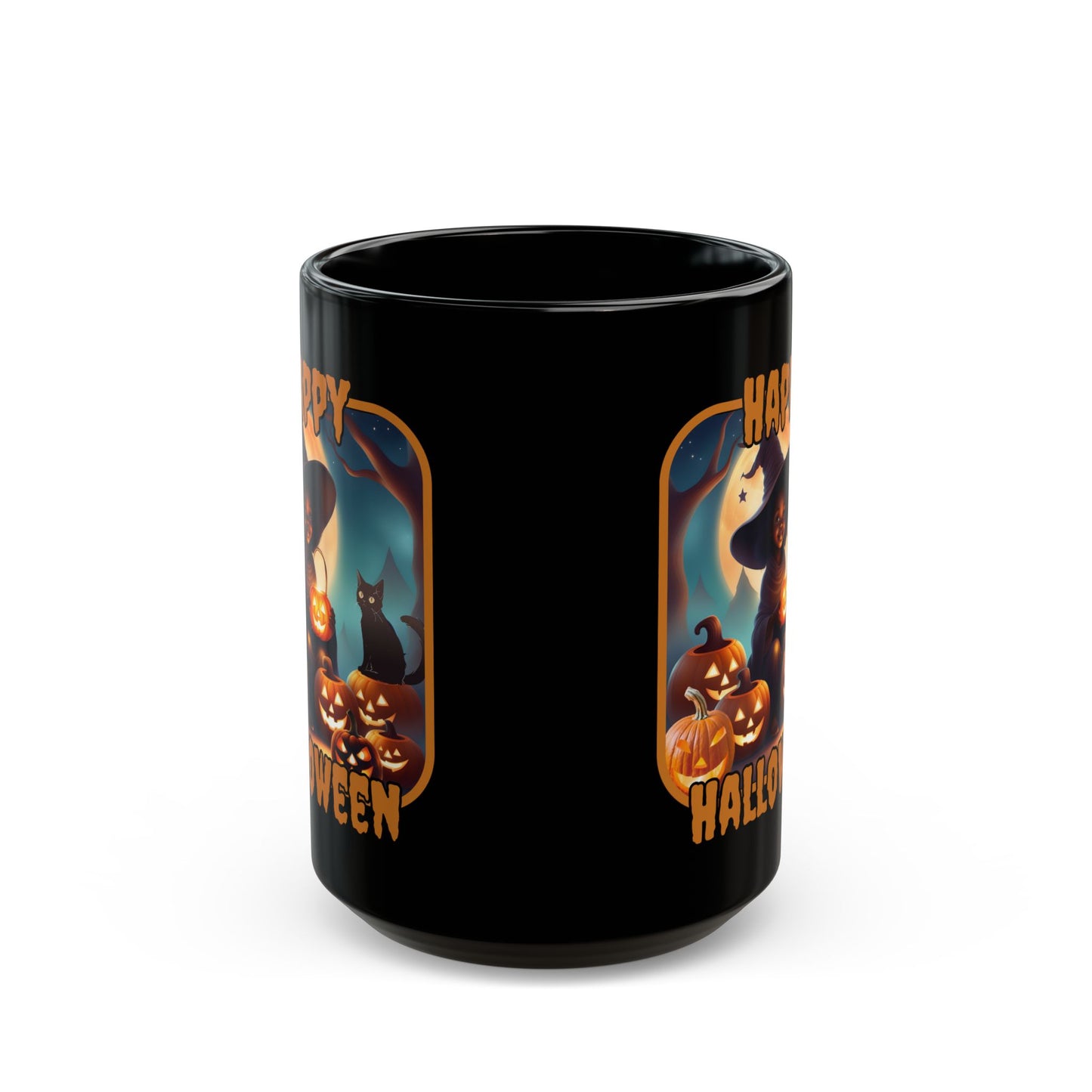 Happy Halloween Cute Witch Orange font Black Mug by CreepyCrafts.boo